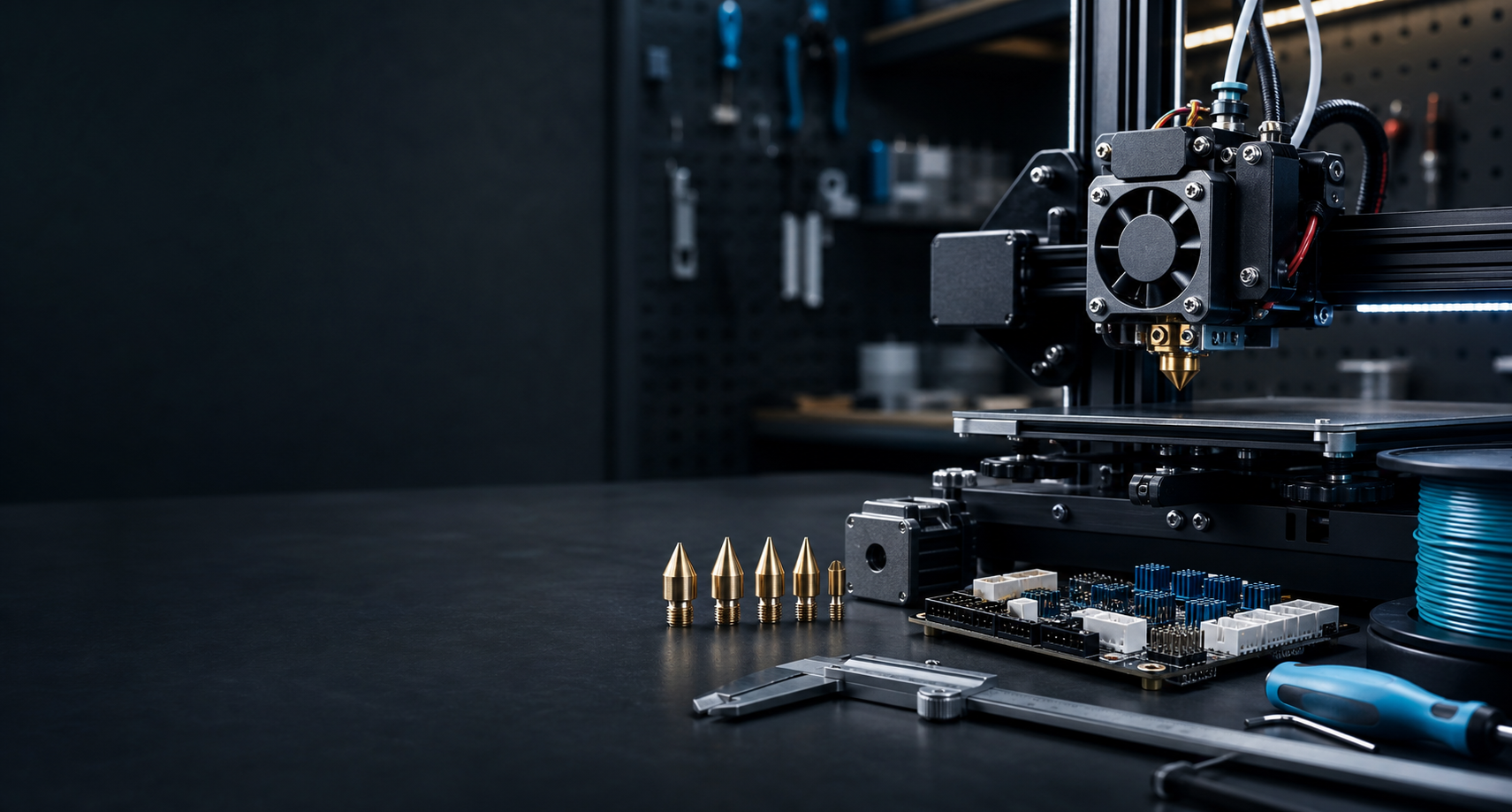 Precision 3D Printer hardware laid out on an engineering workbench